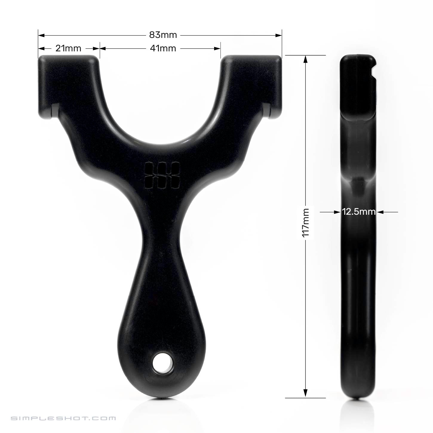 Image of the black Axiom Champ from front and side views, highlighting its compact design. The front view shows widths of 83mm at the top, 41mm in the middle, and 21mm at the bottom. The side view emphasizes its minimalist gear aesthetic with a thickness of 12.5mm and a height of 117mm.